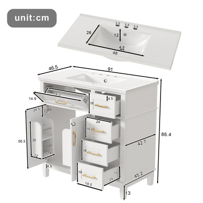 Badezimmer-Unterschrank 90×46×87 cm, weiß lackiert, Keramikwaschbecken, leise Schubladendämpfung, Massivholzbeine, viel Stauraum, goldene Griffe