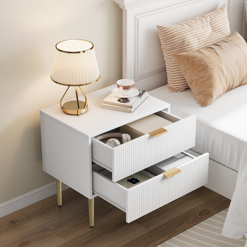Weißer Nachttisch mit Wellenmuster und 2 Schubladen, Schlafzimmer-Nachttisch, moderner Nachttisch mit Metallbeinen, 1 Stück