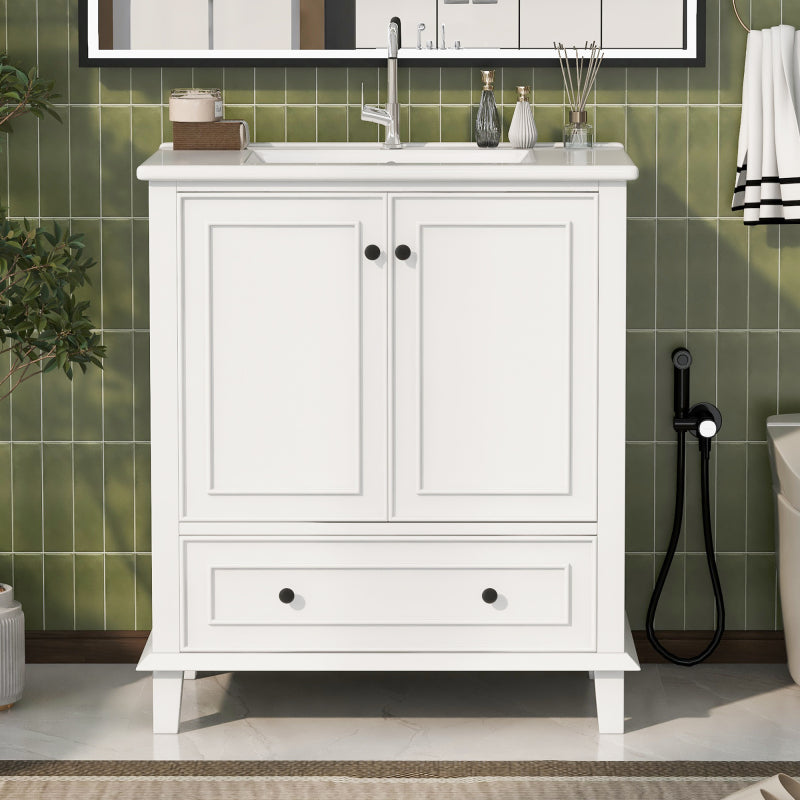 Bodenstehender Badezimmerschrank mit Waschbecken, Waschtisch, feuchtigkeits- und wasserdicht, integriertes Keramik Waschbecken, weiß