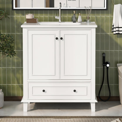 Bodenstehender Badezimmerschrank mit Waschbecken, Waschtisch, feuchtigkeits- und wasserdicht, integriertes Keramik Waschbecken, weiß