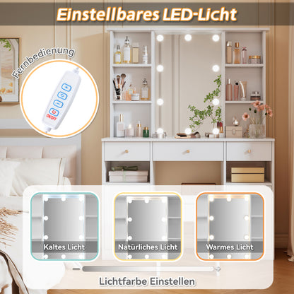 Großer Schminktisch, Make-up Tisch mit verstellbarer LED-Beleuchtung,  Weiß