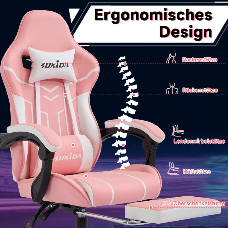 Gaming Stuhl Computerstuhl Ergonomischer Gaming Chair mit Fußstütze Bürostuhl Ergonomischer Computerstuhl mit Lendenwirbelstütze Pinkwhite
