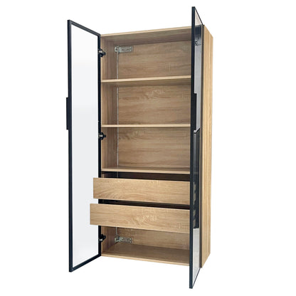 Badezimmerschrank, mittel, mit Lichtleiste, 73 cm breit, mit 2 großen Schubladen und 2 Türen, Glastür