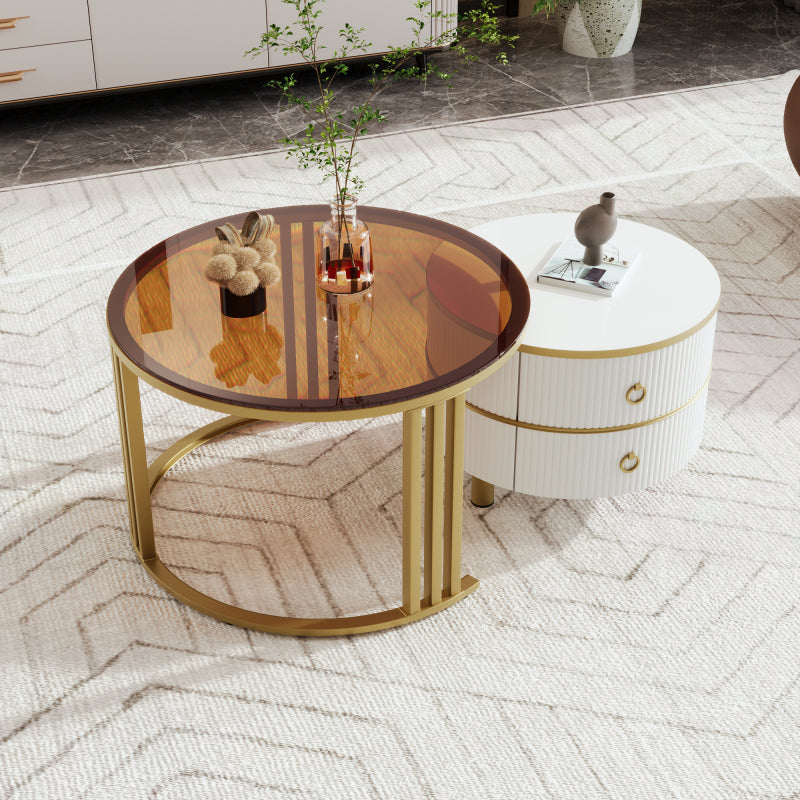2-in-1 runder Couchtisch aus MDF, Beistelltisch mit 1 weißen Platte und 1 braunen Platte aus gehärtetem Glas, Couchtischkombination mit 2 Schubladen für das Wohnzimmer, 70*70*45 + 50*50*40 cm