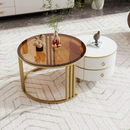 2-in-1 runder Couchtisch aus MDF, Beistelltisch mit 1 weißen Platte und 1 braunen Platte aus gehärtetem Glas, Couchtischkombination mit 2 Schubladen für das Wohnzimmer, 70*70*45 + 50*50*40 cm