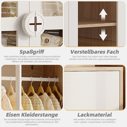 Kinder Kleiderschrank, zweitüriger Glastür-Schrank mit Kleiderstange und verschiebbaren Regalen, Keks-Form-Holzgriffen, weiß+natürliches Holz
