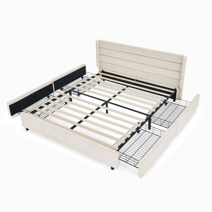 Doppelbett 160×200 cm aus Chenille mit 4 Schubladen, stabiles Bettgestell für Schlafzimmer & Eltern-Kind-Zimmer, Beige (ohne Matratze)