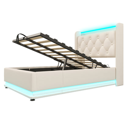 Polsterbett einzelbett, 360-Surround-LED-Funktion, Drucktaste/App/Fernbedienung, 90*200 cm, weiß PU-Material Hydraulisches Lagerbett, gepolstertes Kopfteil mit USB Typ-C Ladefunktion (Ohne Matratze)