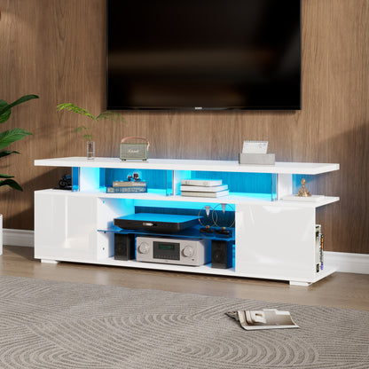Moderner Low-Panel-Hochglanz-TV-Ständer mit LED-Beleuchtung, TV-Panel, TV-Glasschrank für 60-Zoll-Fernseher, Tische, universelle Gaming-Medienständer, Stauschränke und große Stauräume, Reinweiß