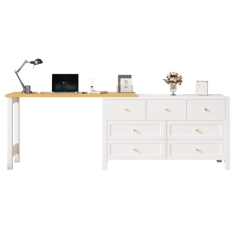 Schreibtisch mit 7-Schubladen Kommode -2-in-1 Dreh Werkbank und Sideboard, Eichenoptik, 360° drehbare Tischplatte, weiß / natur