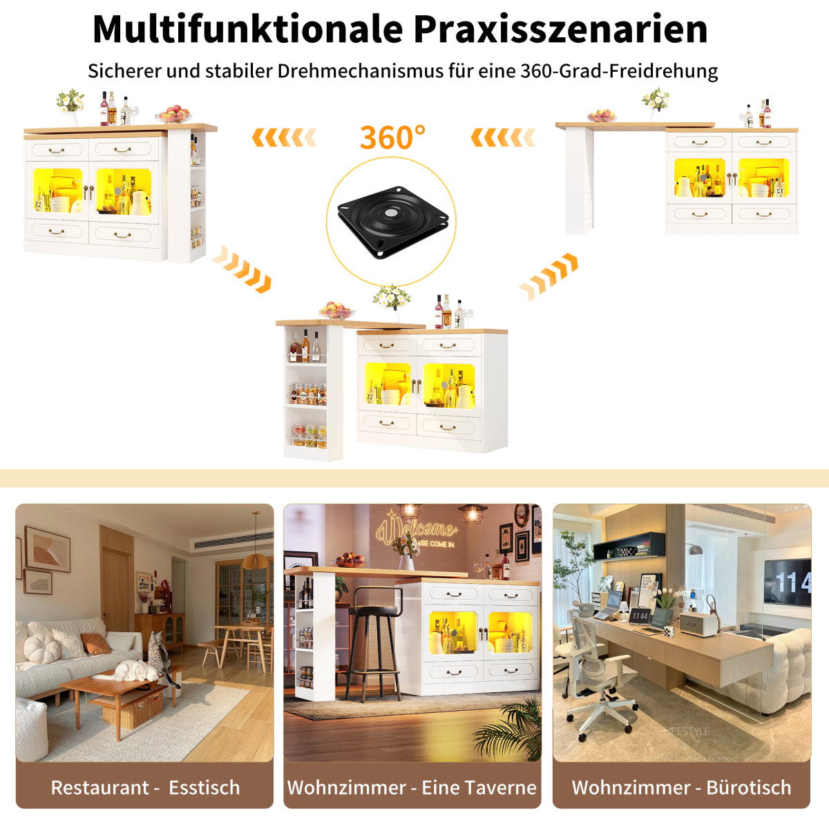 Bartisch ausziehbar 135-203cm, 360° drehbarer Stehtisch mit App-LED-Steuerung & Musik-Modus, Weißer Hochtisch mit 4 Schubladen & Regal