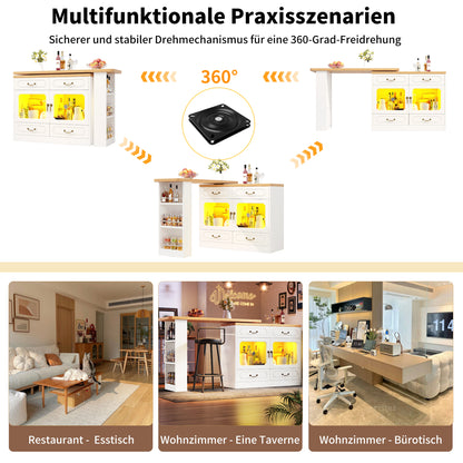 Bartisch ausziehbar 135-203cm, 360° drehbarer Stehtisch mit App-LED-Steuerung & Musik-Modus, Weißer Hochtisch mit 4 Schubladen & Regal