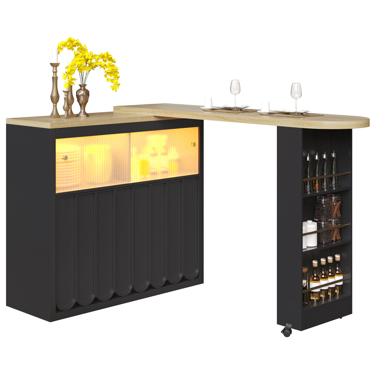 Ausziehbarer Bartisch 135-205cm mit LED & USB, Mobiler Hochtisch Schwarz, Teleskop-Kücheninsel mit Glas-Schiebetür & Soft-Close, Gestreift