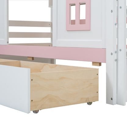 Etagenbett, Prinzessinnenbett, Kinderbett, Kinderbett mit Dach und Fenster, mit Fallschutzgitter, stabiles Geländer, Zwei Schubladen mit Rollen, Offenes Regal, Reichlich Stauraum, Kiefer+MDF,Weiß+Rose