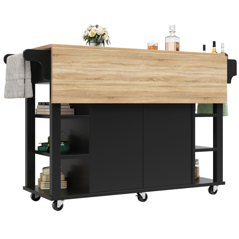 Kücheninsel mit herausnehmbaren Trennwänden, Esszimmerwagen mit Arbeitsplatte, Buffetschrank, Esszimmerwagen mit Holzmaserung, Handtuchhalter beidseitig mit Rollen, schwarz