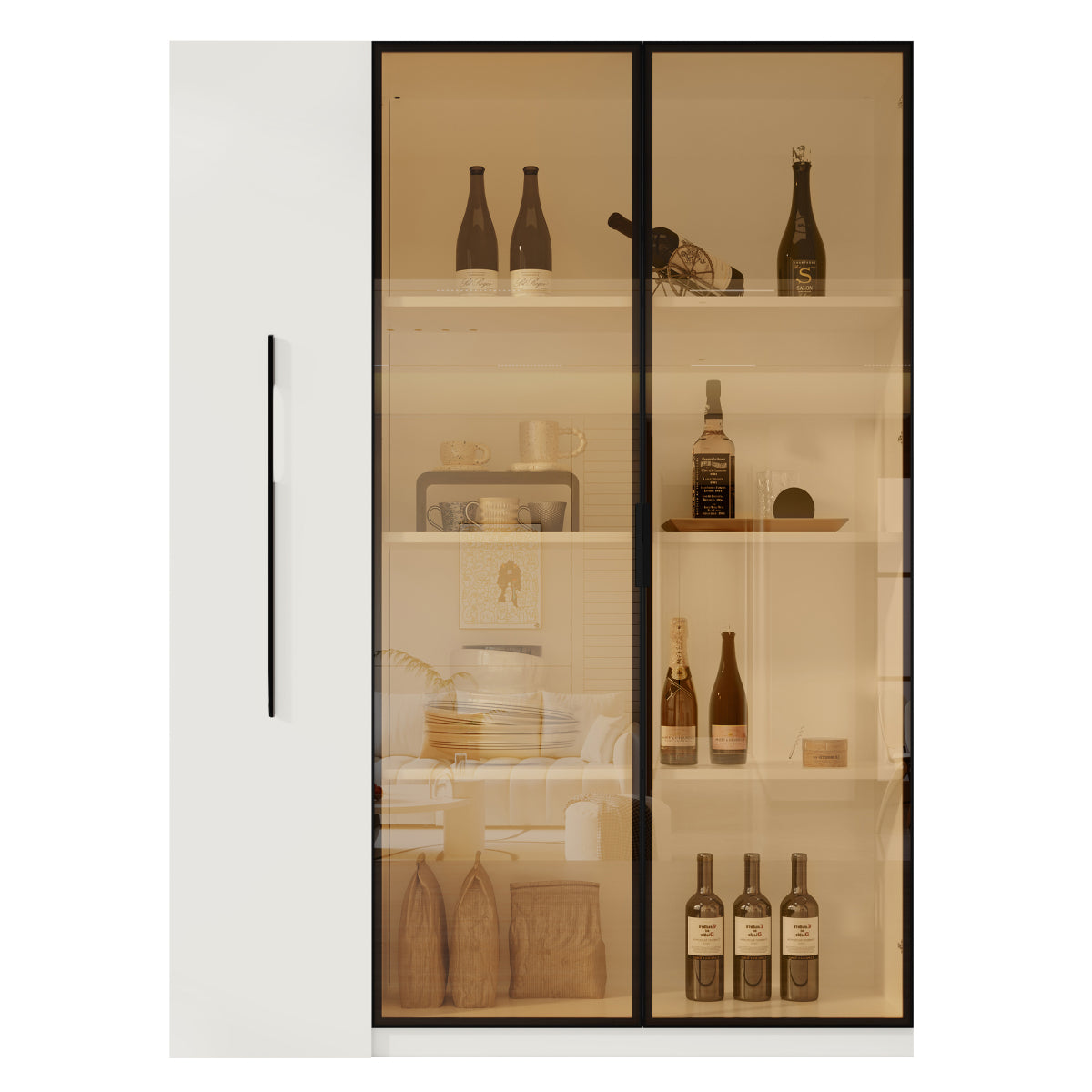 Multifunktionsschrank 110,5x35x160cm - LED-Vitrine mit bernsteinfarbenem Glas, Seitenauszug & Rollen - Weißer Hochschrank im modernen Stil