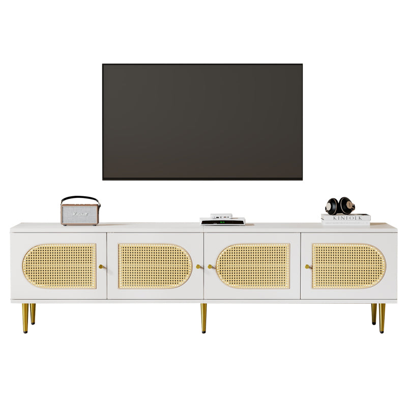 Weißer Rattan-TV-Schrank 180x40x50 cm - 4 Rattan-Türen, verstellbare Einlegeböden und Kabelmanagement für Fernseher bis 80 Zoll, TV-Schrank,Lowboards