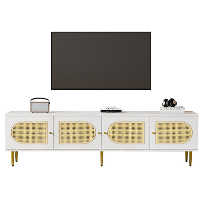 Weißer Rattan-TV-Schrank 180x40x50 cm - 4 Rattan-Türen, verstellbare Einlegeböden und Kabelmanagement für Fernseher bis 80 Zoll, TV-Schrank,Lowboards