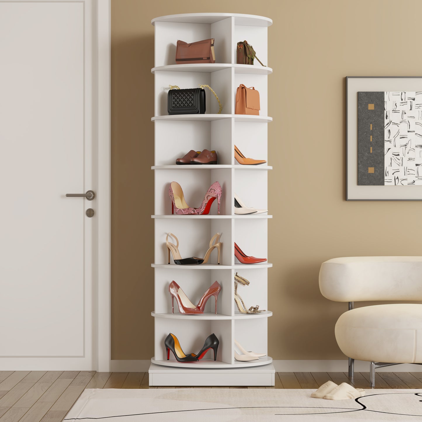 Drehbarer Schuhschrank (360°), 165 cm hoch, Schuhregal für 28 Paar Schuhe, Modernes Design, Wihte