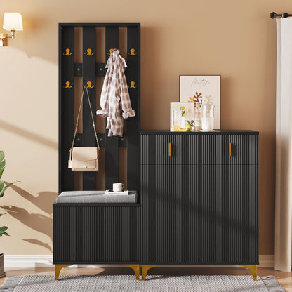 Garderoben-Set mit Schuhschrank & Sitzbank, Wellenfront, Push-to-Open, goldene Haken & Füße, Schwarz