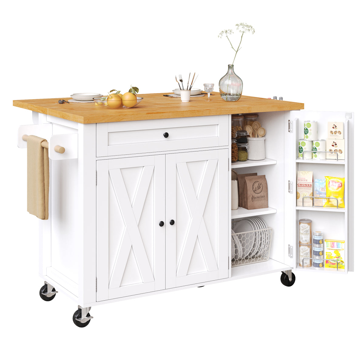 Kücheninsel mit Rollen & klappbarer Arbeitsplatte, Küchenwagen mit 3 Türen & Schublade, Sideboard inkl. Gewürzregal & Handtuchhalter, 99cm