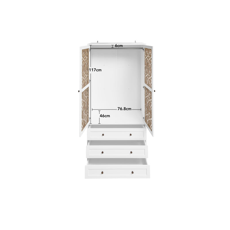 Weißer Aufbewahrungsschrank mit Schnitzmuster – Boho-Garderobenschrank mit Rattangeflecht, 3 Schubladen und Kleiderstange aus Aluminiumlegierung – ideal für Wohnzimmer, Schlafzimmer, Büro oder Arbeits