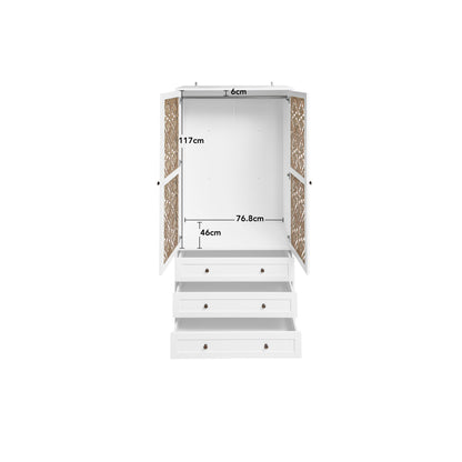 Weißer Aufbewahrungsschrank mit Schnitzmuster – Boho-Garderobenschrank mit Rattangeflecht, 3 Schubladen und Kleiderstange aus Aluminiumlegierung – ideal für Wohnzimmer, Schlafzimmer, Büro oder Arbeits