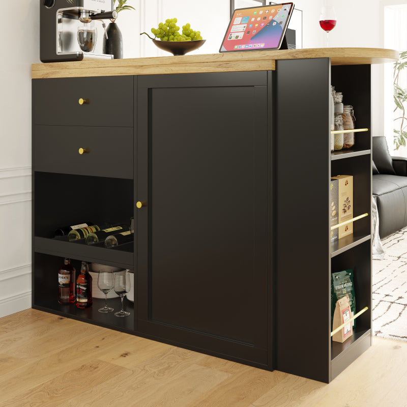 Um 360° drehbarer Bartisch (Hauptkörper 105 x 39 x 102 cm), mit 2 Schubladen und Schiebetürschrank, 3 Ebenen offener Stauraum, geeignet für Esszimmer/Arbeitszimmer/Wohnzimmer usw