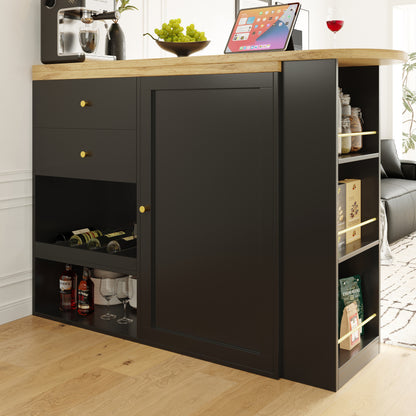 Um 360° drehbarer Bartisch (Hauptkörper 105 x 39 x 102 cm), mit 2 Schubladen und Schiebetürschrank, 3 Ebenen offener Stauraum, geeignet für Esszimmer/Arbeitszimmer/Wohnzimmer usw