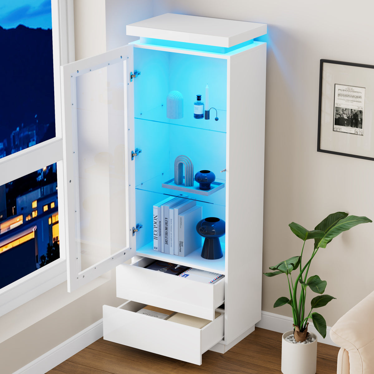 Weiß Hochglanz Vitrine 60x40x171cm mit App-LED & 2 Schubladen, Glasvitrine Hochschrank mit Acryltür, Standregal Wohnzimmerschrank