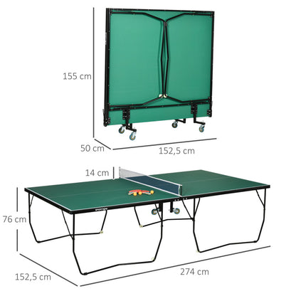 SPORTNOW Indoor Tischtennisplatte mit Rollen, Tischtennistisch Klappbar, Tischtennisspiel-Set mit 2 Tischtennisschlägern, 3 Bällen, Stahl, Grün