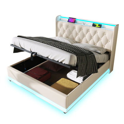 Polsterbett Doppelbett, 360-Surround-LED-Funktion, Drucktaste/App/Fernbedienung, 160*200 cm, weiß PU-Material Hydraulisches Lagerbett, gepolstertes Kopfteil mit USB Typ-C Ladefunktion (Mit Matratze)