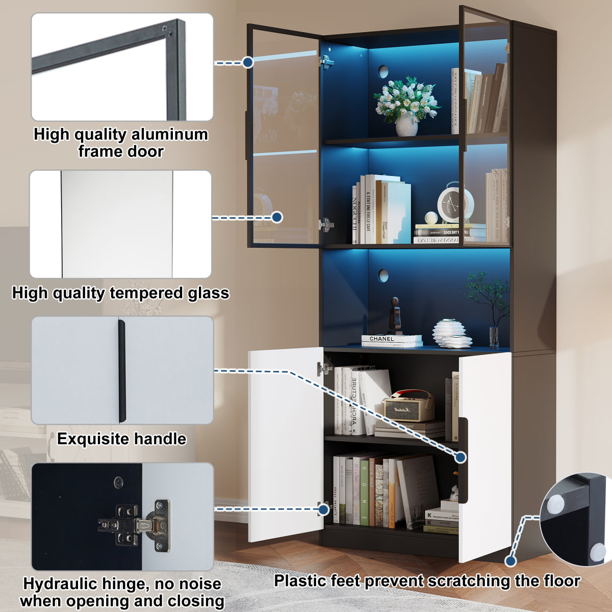 Moderne Vitrine 80x30x200cm Weiß/Schwarz - Glasschrank mit LED, Einstellbare Helligkeit & Farbtemperatur, Sammler-Bücherregal mit Glastüren