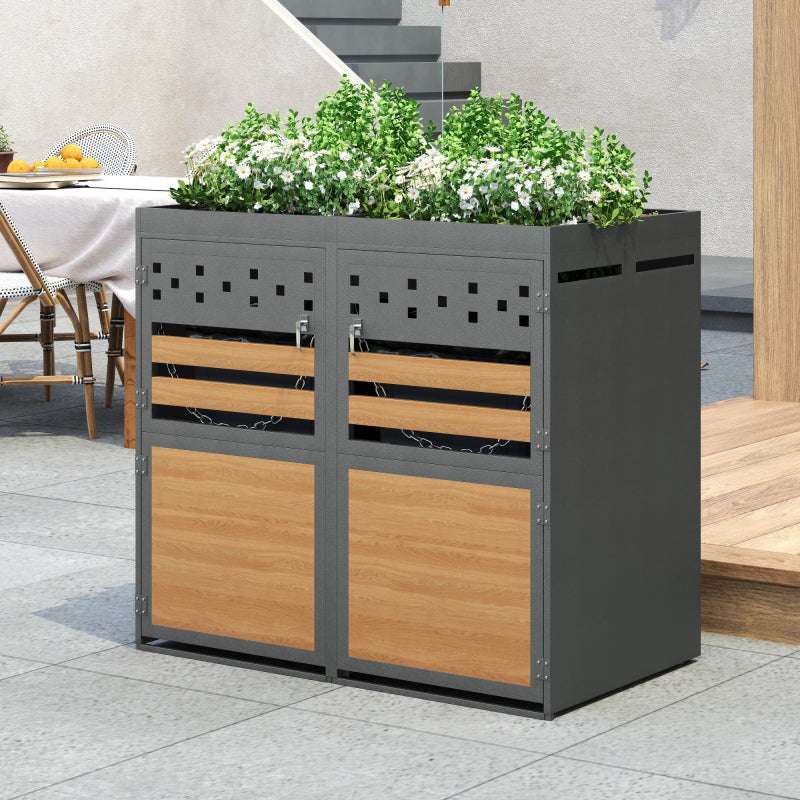 Mülltonnenbox 2er mit Pflanzdach, 120-240 Liter, Anthrazit  Tür in Holzoptik inkl. Erweiterungsmöglichkeit ,Aufbewahrungsbox für Mülltonnen, Müllbox (Das Produkt enthält keinen eingebauten Mülleimer)