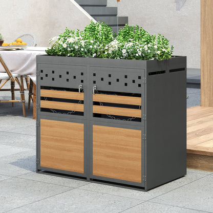 Mülltonnenbox 2er mit Pflanzdach, 120-240 Liter, Anthrazit  Tür in Holzoptik inkl. Erweiterungsmöglichkeit ,Aufbewahrungsbox für Mülltonnen, Müllbox (Das Produkt enthält keinen eingebauten Mülleimer)
