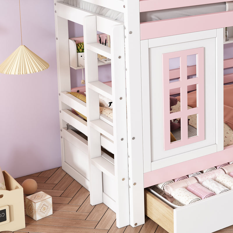 Etagenbett, Prinzessinnenbett, Kinderbett, Kinderbett mit Dach und Fenster, mit Fallschutzgitter, stabiles Geländer, Zwei Schubladen mit Rollen, Offenes Regal, Reichlich Stauraum, Kiefer+MDF,Weiß+Rose
