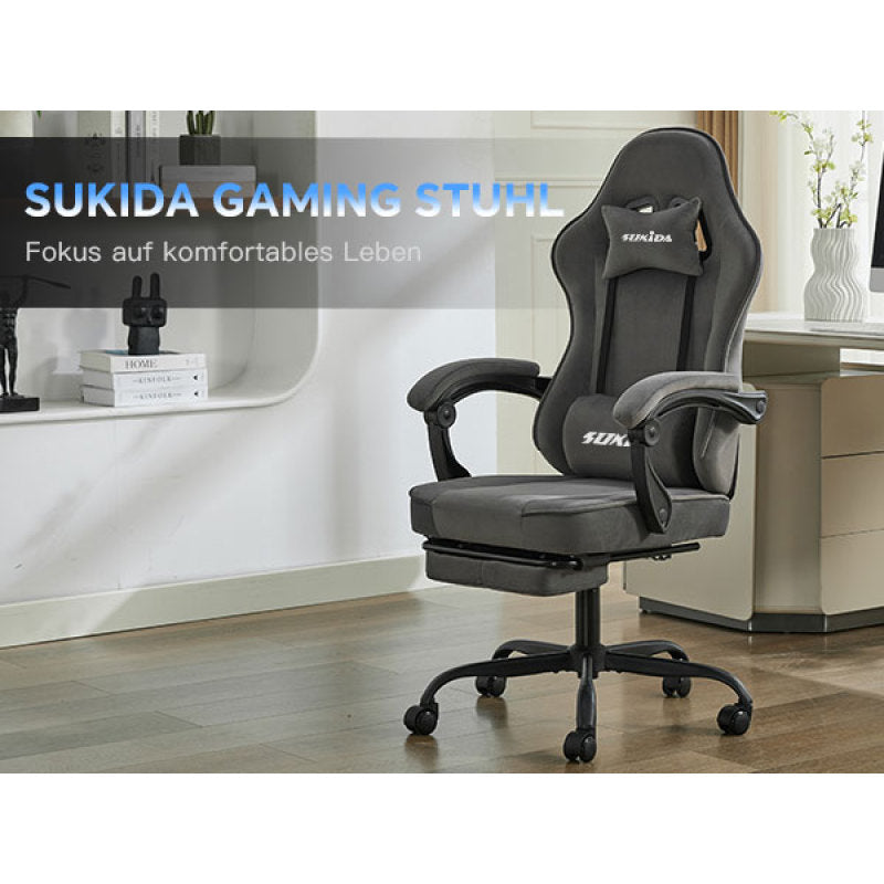 Gaming Stuhl Stoff, Ergonomischer Gaming Chair mit Fußstütze, Verstellbarer Racing Computerstuhl mit Lordosenstütze, Grau Ergonomisch PC-Stuhl