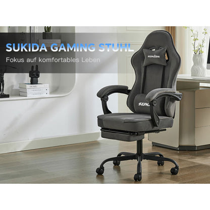 Gaming Stuhl Stoff, Ergonomischer Gaming Chair mit Fußstütze, Verstellbarer Racing Computerstuhl mit Lordosenstütze, Grau Ergonomisch PC-Stuhl
