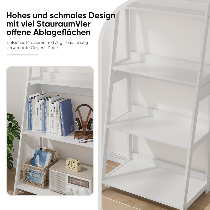 4-lagiges Leiter-Bücherregal, offener Bücherregal-Organizer & Aufbewahrungsständer für Bad, Homeoffice & Wohnzimmer, freistehend, weiß