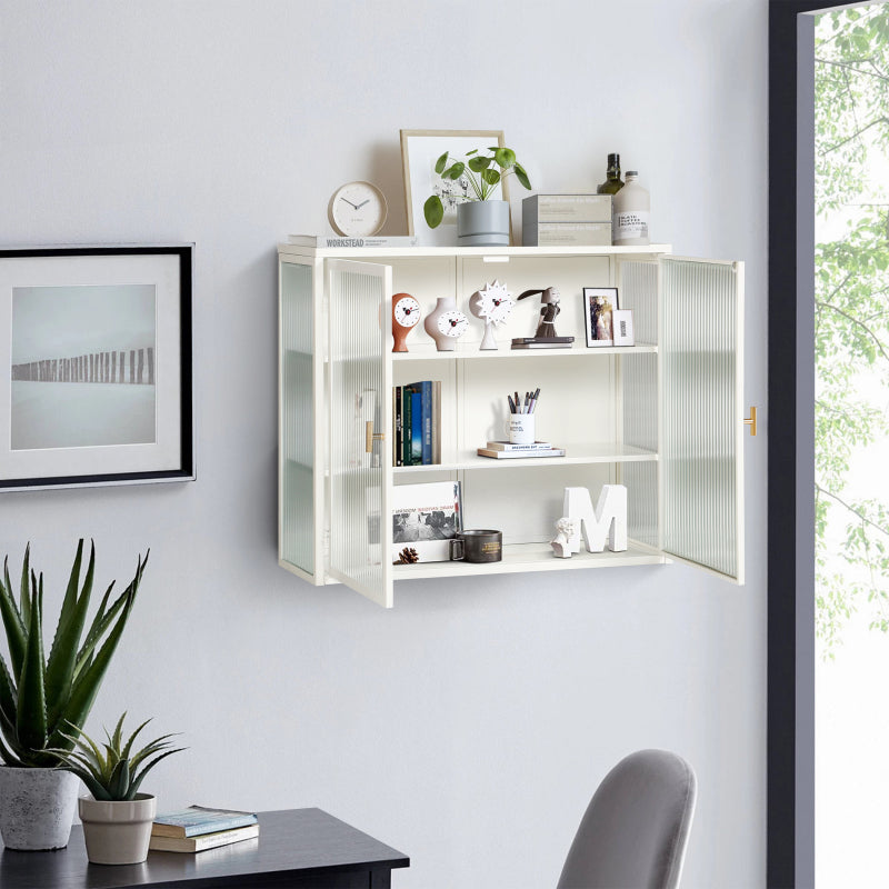 70CM Glastüren Moderner zweitüriger Wandschrank mit dreistufiger Lagerung für Eingangsbereich Wohnzimmer Badezimmer Esszimmer(White)