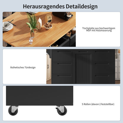 Moderne Kücheninsel, Küchenschrank, Ausziehbarer Küchenwagen mit Rollen und Arbeitsplatte, Servierwagen mit Gewürzregal und 8 Schubladen, Schwarz
