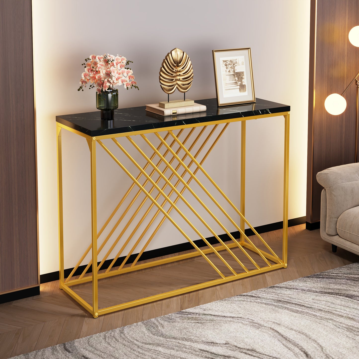 MDF Hochglanz Tisch für den Eingangsbereich, Konsolentisch, Flurtisch, Sideboard, Beistelltisch, Vintage, Schwarzer Tisch mit goldenem Fuß,