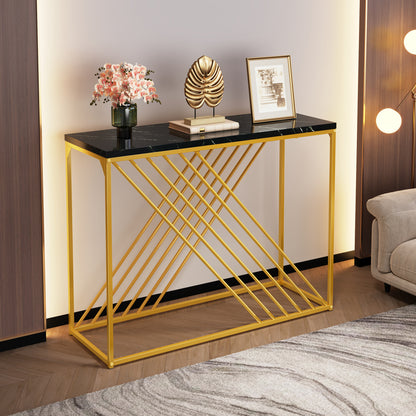 MDF Hochglanz Tisch für den Eingangsbereich, Konsolentisch, Flurtisch, Sideboard, Beistelltisch, Vintage, Schwarzer Tisch mit goldenem Fuß,
