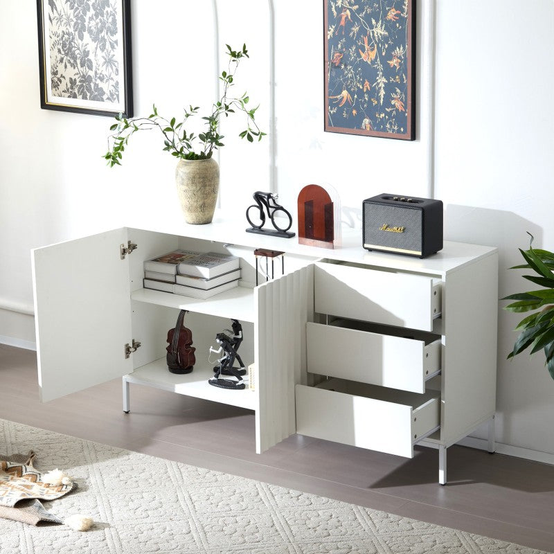 1.5m weißes modernes minimalistisches Sideboard, Aufbewahrungsschrank, Wellenmuster-Design, verstellbare Einlegeböden, 3 Schubladen, geeignet für Küche, Wohnzimmer, Korridor und andere Multi-Szene