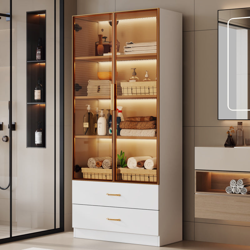Badezimmerschrank, mittel, mit Lichtleiste, 75 cm breit, mit 2 großen Schubladen und 2 Türen, Glastür