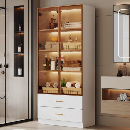 Badezimmerschrank, mittel, mit Lichtleiste, 75 cm breit, mit 2 großen Schubladen und 2 Türen, Glastür