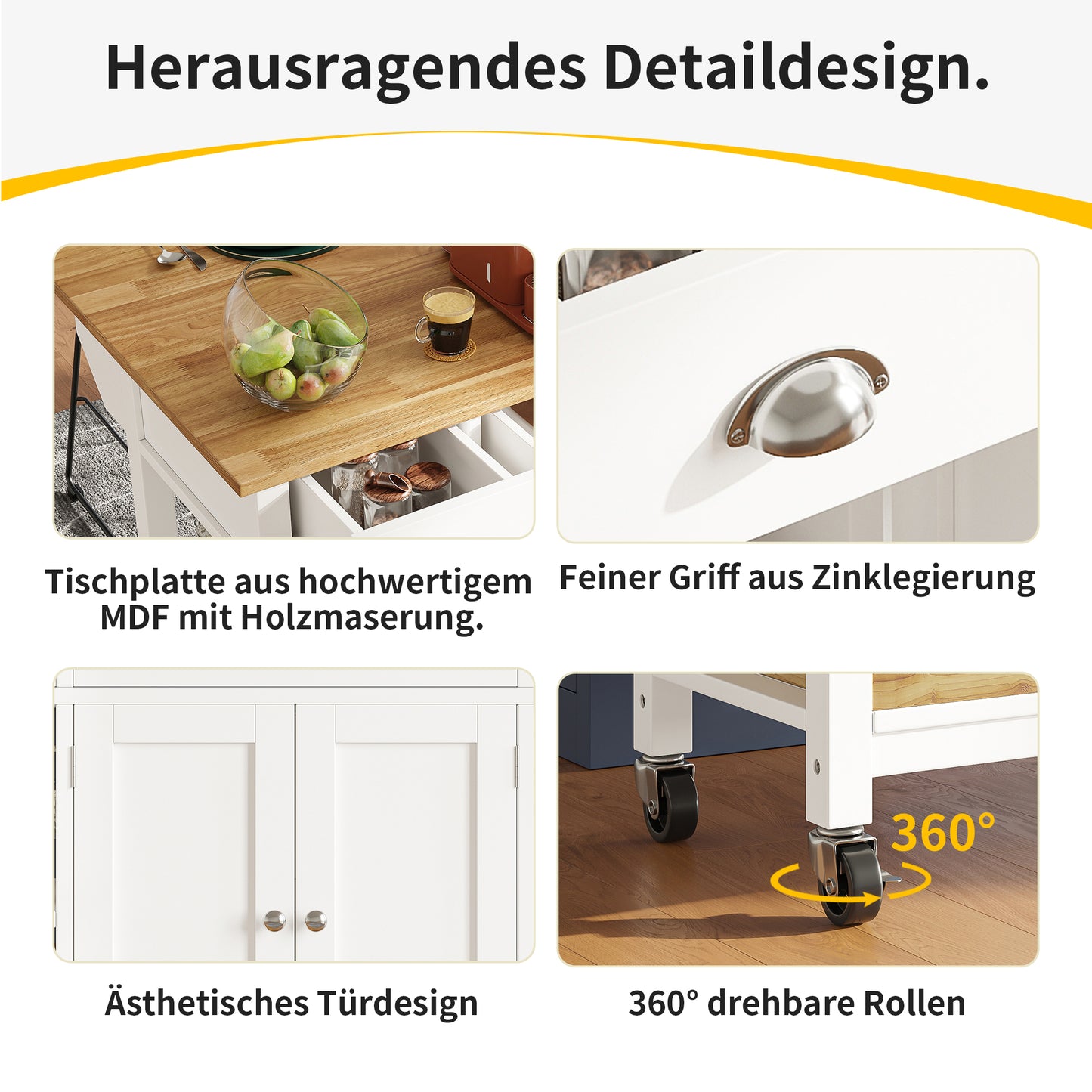 Moderne Kücheninsel Küchenschrank 120x45x90cm Esszimmerwagen mit Kiefernkorb Multifunktions Esstisch Holzmaserung Aufbewahrungskorb Weiß