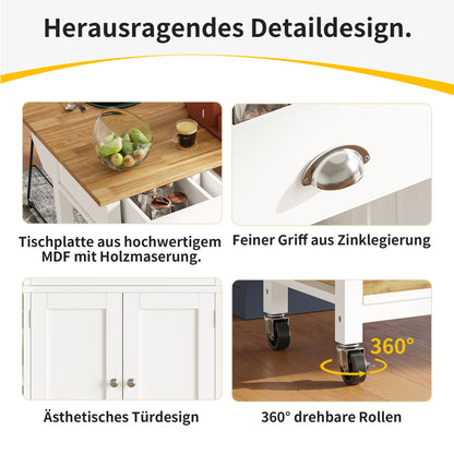 Moderne Kücheninsel Küchenschrank 120x45x90cm Esszimmerwagen mit Kiefernkorb Multifunktions Esstisch Holzmaserung Aufbewahrungskorb Weiß