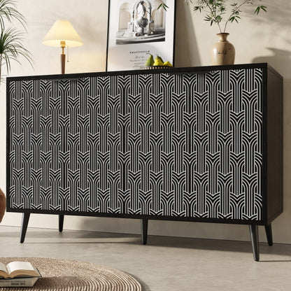 Esszimmerschrank (120×35×78cm), Esszimmer- und Wohnzimmer-Aufbewahrungsschrank, einzigartiges Schranktürdesign, freistehender Schrank, Antidumping, Fischgrätenmuster, geschnitzte Tür, schwarz