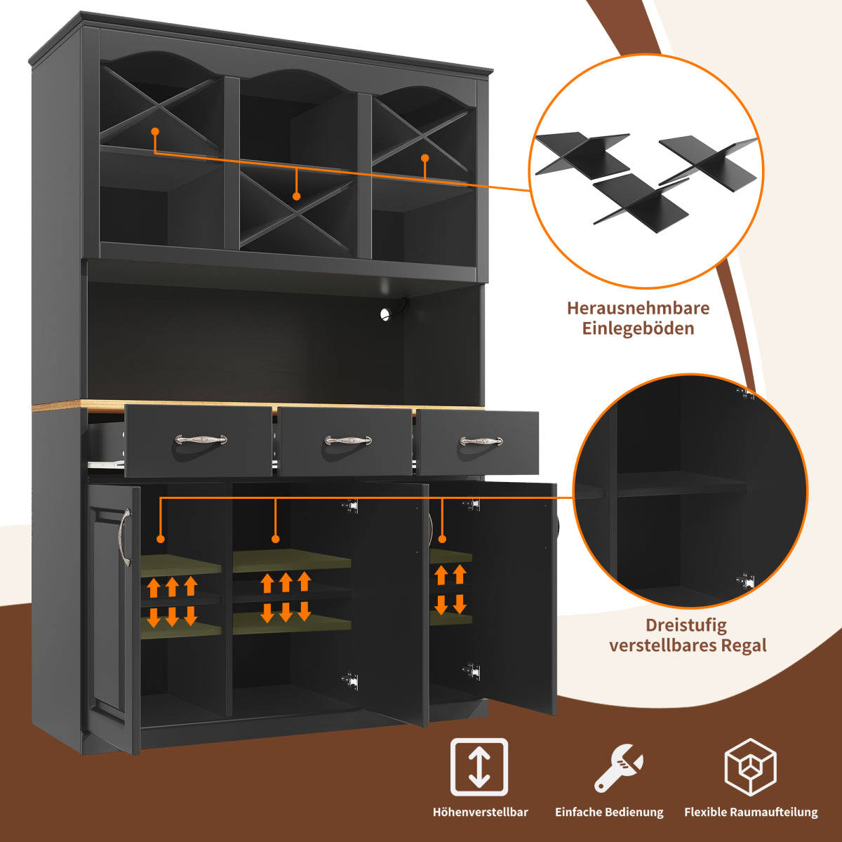 Küchenschrank 120x180cm LED, Hohes Buffet Schwarz, 3 Türen & 3 Schubladen, App-Steuerung, MDF Mehrzweckschrank